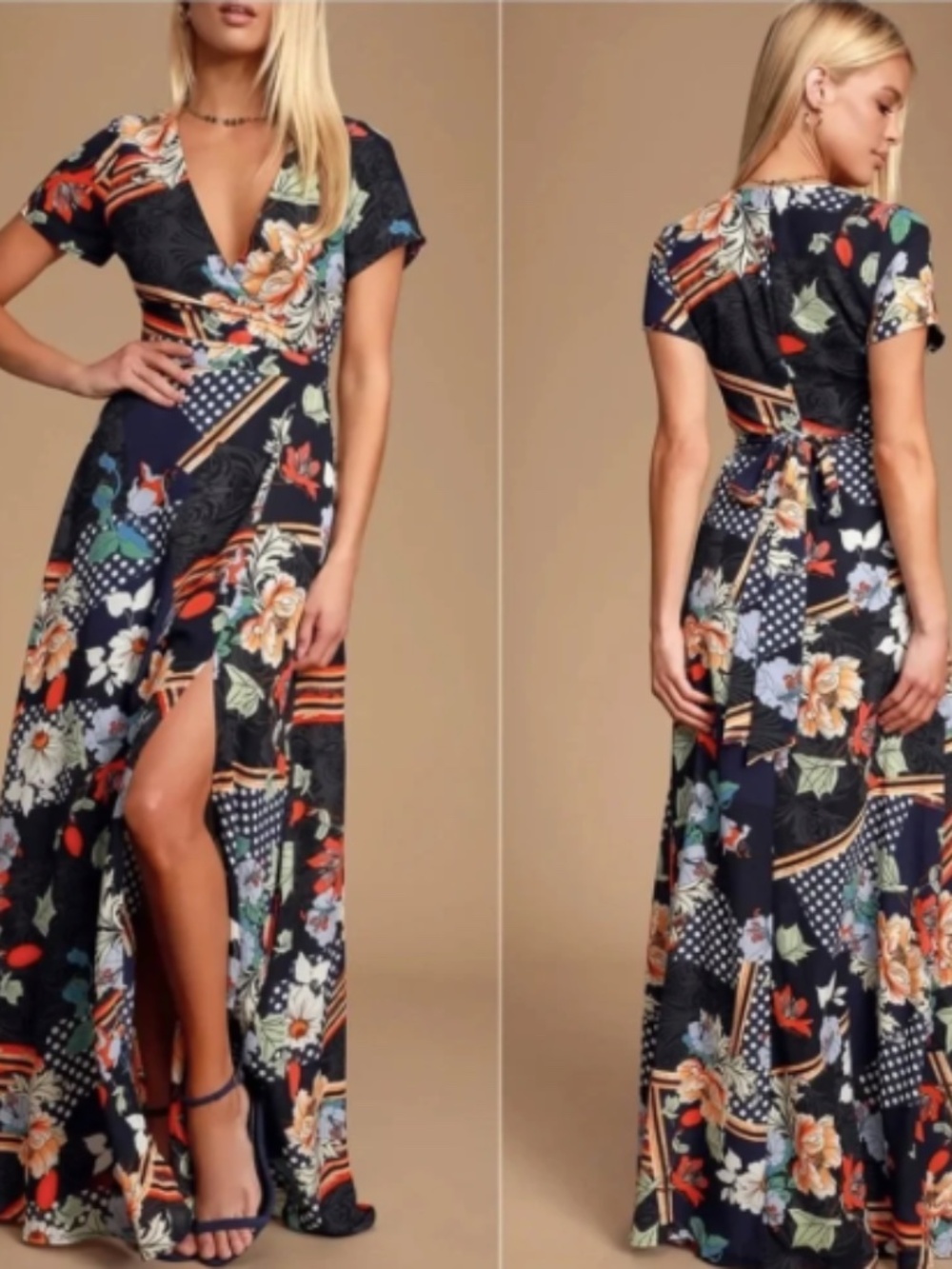 Lulus Aleta Navy Blue Print Short Sleeve Surplice Maxi Dress Women Small